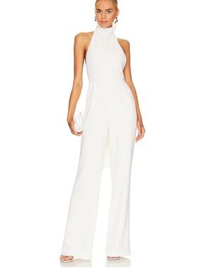 Sau Lee Portia Jumpsuit Ivory High-Neck White Halter wide leg bridal Revolve 0